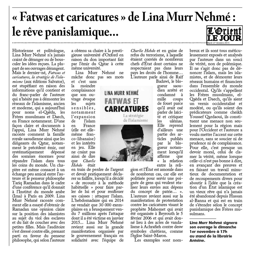 « Fatwas et caricatures » de Lina Murr Nehmé : le rêve panislamique... (Journal L'Orient-Le Jour)